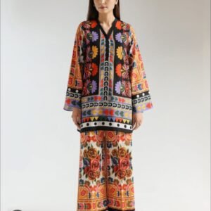 fashion, traditional, ethnic, clothing, apparel, attire, garment, woman, female, person, model, portrait, standing, floral, pattern, print, design, textile, fabric, cultural, heritage, asian, south, pakistan, india, eastern, luxury, style, trendy, outfit, set, trousers, pants, tunic, shirt, kameez, embroidery, artisan, handcrafted, boutique, retail, e-commerce, collection, seasonal, summer, spring, vibrant, lifestyle, modesty, elegant